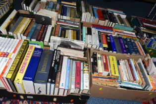 SEVEN BOXES OF BOOKS containing over 200 miscellaneous titles in hard back and paperback formats,