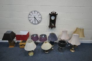 A LARGE SELECTION OF TABLE LAMPS, to include two wooden lamps labelled Touche De Bois, a pair of