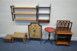A SELECTION OF OCCASIONAL FURNITURE, to include a mid-century teak magazine rack, two wall hanging