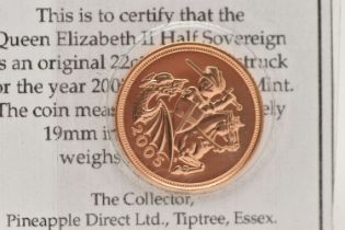 A 2005 ELIZABETH II, 22CT GOLD HALF SOVEREIGN COIN, Timothy Noad design, 3.99 grams, 19mm, in
