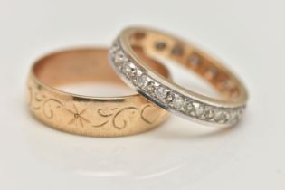 TWO 9CT GOLD BAND RINGS, the first a wide band with engraved heart and foliate pattern, hallmarked