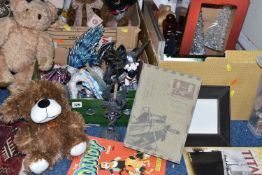 THREE BOXES OF MISCELLANEOUS SUNDRIES, to include four Nemesis Now mythical figurines, three