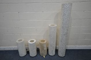 FIVE VARIOUS DECORATIVE FIBREGLASS HOUSEHOLD LAMPS, of various sized and designs, tallest height
