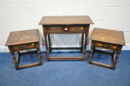 A PAIR OF TITCHMARSH AND GOODWIN STYLE LAMP TABLES, with a single drawer, on turned legs, united