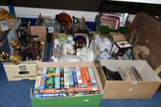 SEVEN BOXES AND LOOSE CERAMICS, GLASS, METAL, SINGLES, PICTURES AND SUNDRY ITEMS, to include a brass
