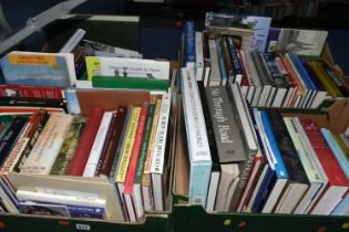 FOUR BOXES OF BOOKS containing over 100 miscellaneous titles in hardback and paperback formats,