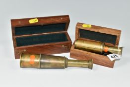 TWO CASED BRASS NAUTICAL TELESCOPES, comprising a brass 'Stanley' three draw telescope stamped