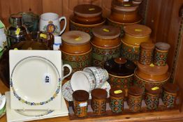 A COLLECTION OF HORNSEA 'BRONTE' DESIGN KITCHEN CANNISTERS AND CLARICE CLIFF DESIGN PLATES,