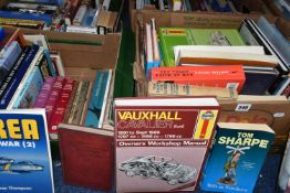 FIVE BOXES OF BOOKS containing over 140 miscellaneous titles in hardback and paperback formats,