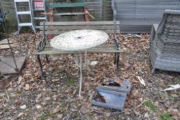 A MODERN ALUMINIUM CIRCULAR GARDEN TABLE, a modern bench with cast iron ends 122cm wide and two cast