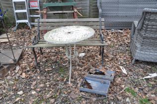 A MODERN ALUMINIUM CIRCULAR GARDEN TABLE, a modern bench with cast iron ends 122cm wide and two cast