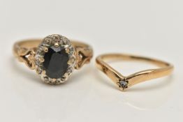 TWO RINGS, the fist a 9ct gold sapphire and diamond cluster, hallmarked 9ct Birmingham, ring size