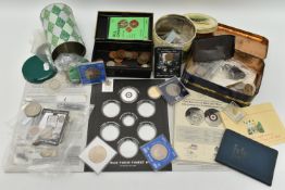 A CARDBOARD BOX OF MIXED COINS, to include an undated 20P Coin, an offside explained 2011 Fifty
