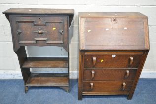 A 20TH CENTURY OAK BUREAU, the fall front door enclosing a fitted interior, above three drawers,