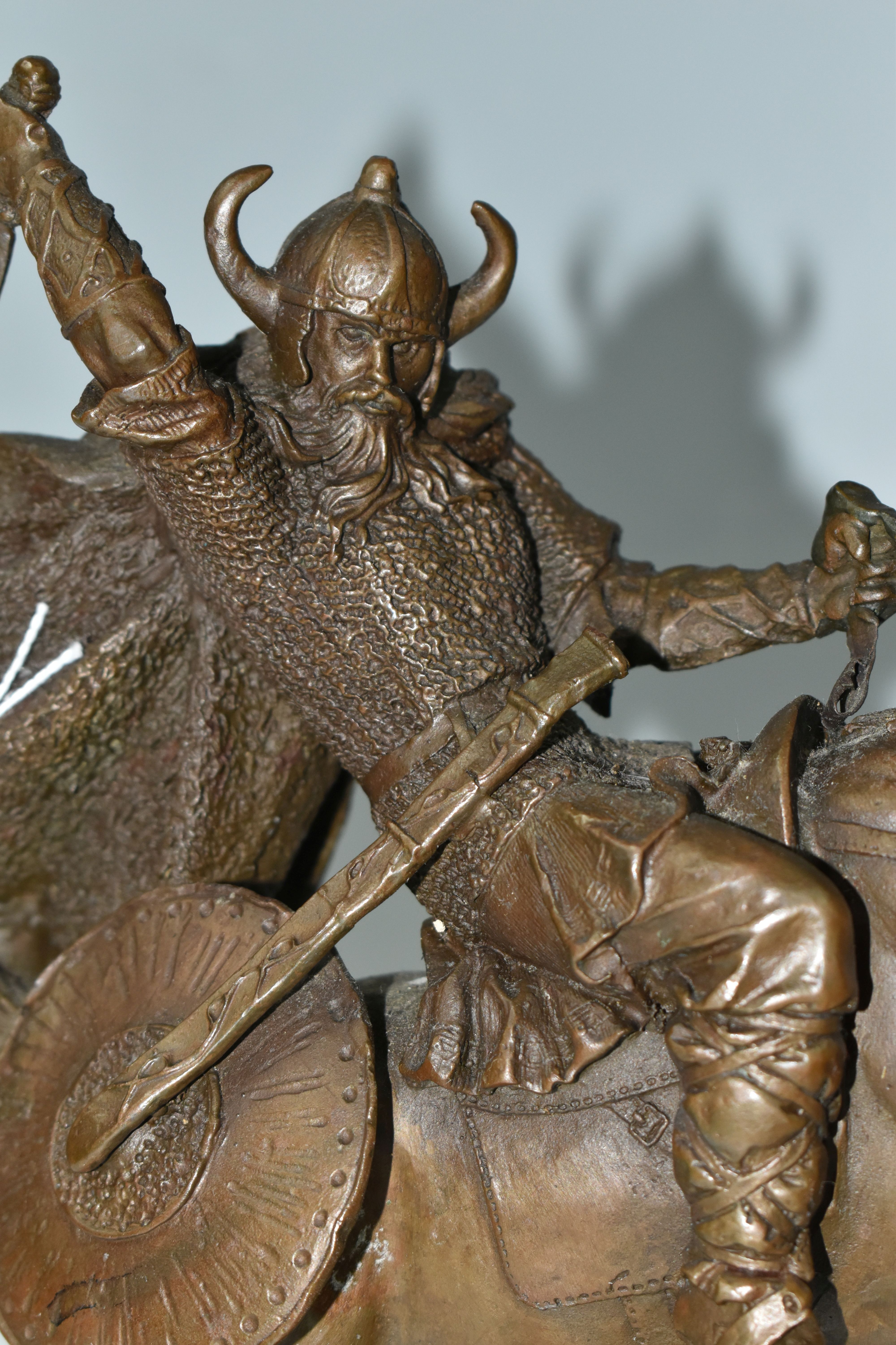 A MODERN BRONZE SCULPTURE OF A VIKING WARRIOR, depicting the warrior on horseback in battle, - Image 2 of 9