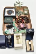 A BOX OF ASSORTED ITEMS, to include a small assortment of costume jewellery, three wristwatches,