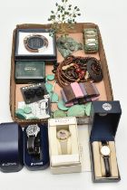 A BOX OF ASSORTED ITEMS, to include a small assortment of costume jewellery, three wristwatches,