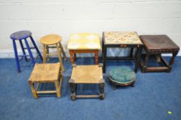 A VARIETY OF STOOLS, to include an oak framed stool, with leather upholstery, 40cm cubed, a stool