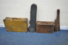 TWO VINTAGE SUITCASES, largest width 72cm x depth 46cm x height 22cm, along with a gun case and