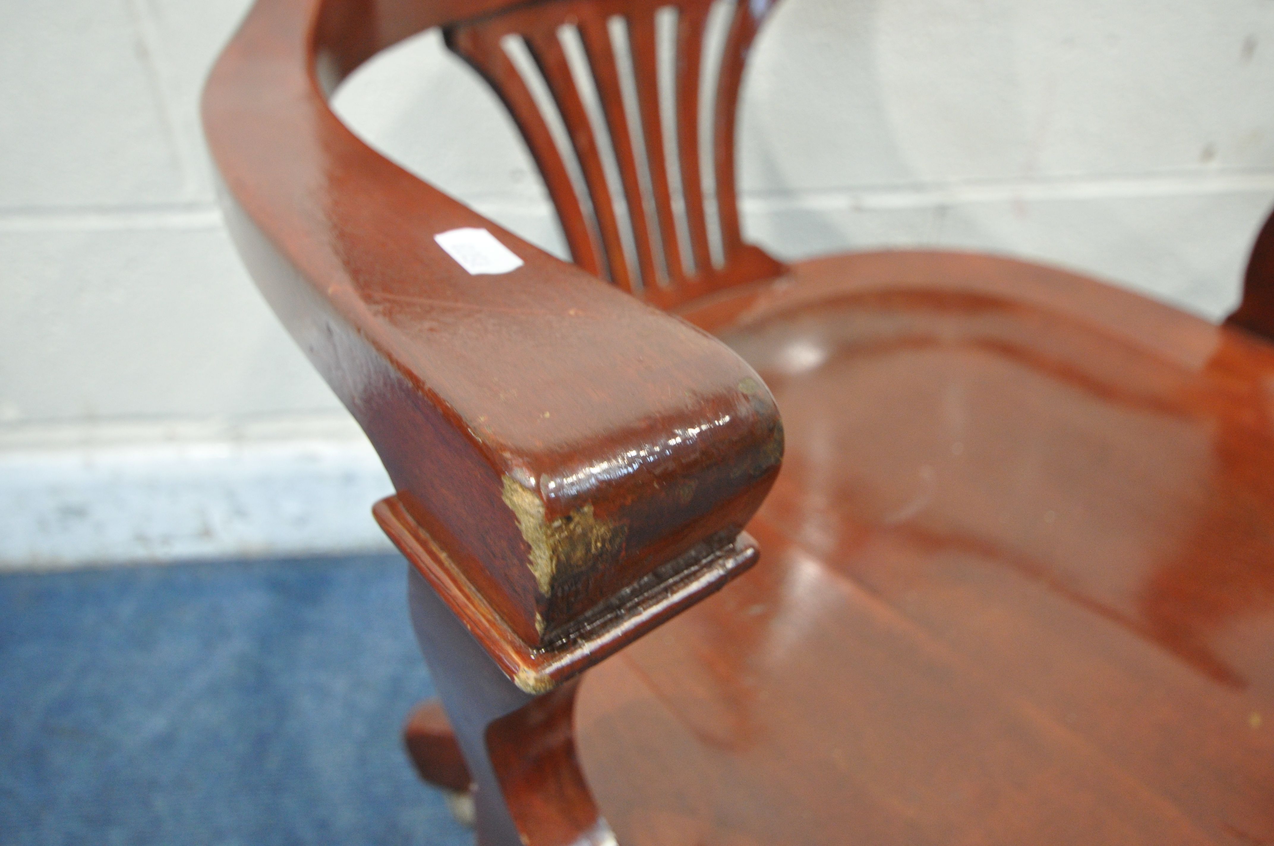 TWO 20TH CENTURY STAINED OFFICE CHAIRS, with open armrests, sprung mechanism, on four shaped legs ( - Image 4 of 4