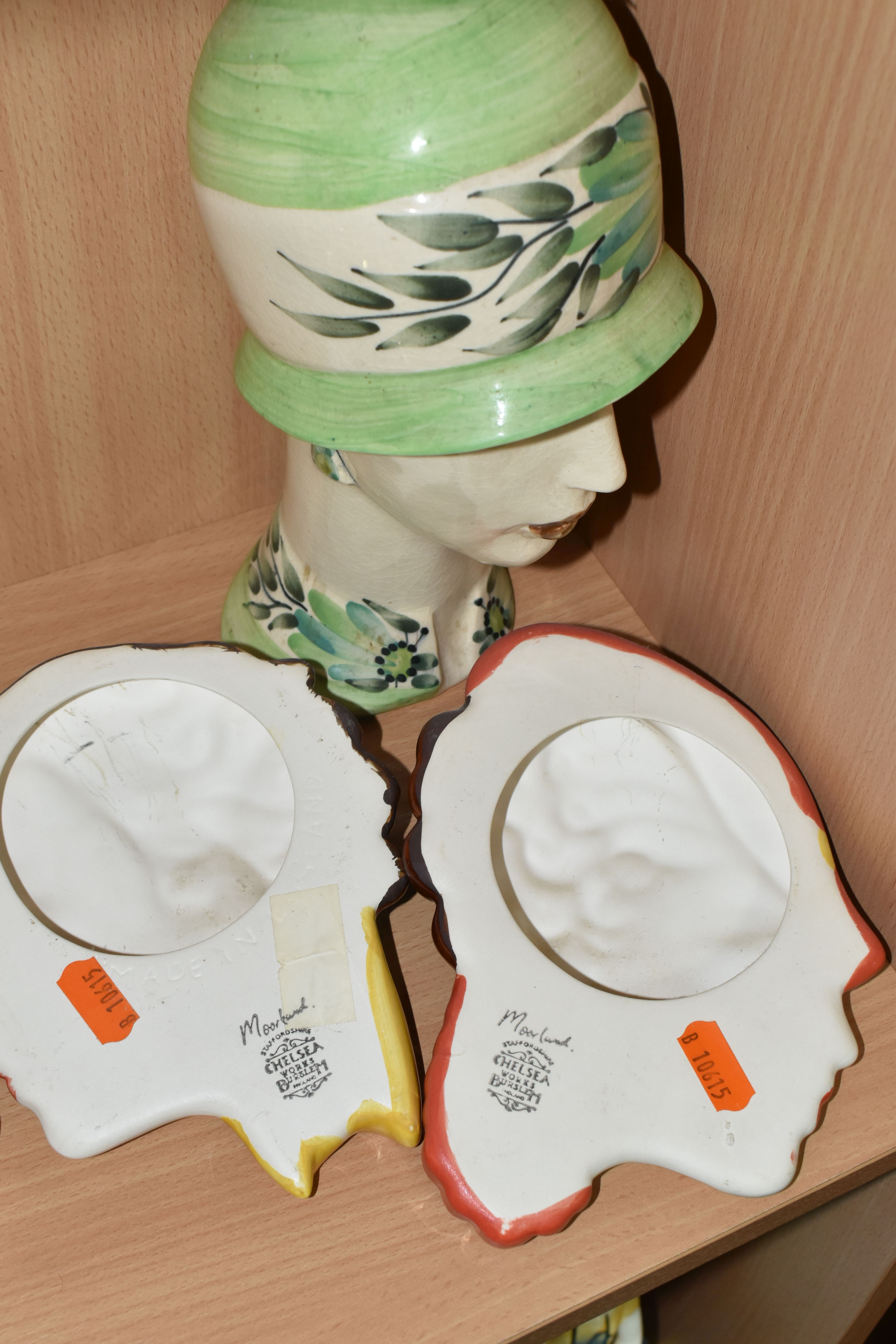 TWO MOORLAND POTTERY WALL MASKS AND A 1920'S STYLE BUST, comprising two Moorland Pottery Art Deco - Image 4 of 7