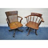 TWO 20TH CENTURY STAINED OFFICE CHAIRS, one with open armrests, the other with scrolled armrests,