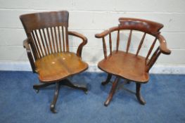 TWO 20TH CENTURY STAINED OFFICE CHAIRS, one with open armrests, the other with scrolled armrests,