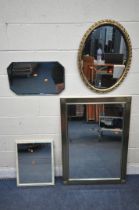 A RECTANGULAR BEVELLED EDGE WALL MIRROR, 107cm x 76cm, an oval gilt frame beveled edge wall