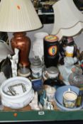 TWO BOXES AND LOOSE CERAMICS, GLASS, LAMPS AND SUNDRY ITEMS, to include a boxed Ritzenhoff
