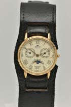 A BOXED GENTS 9CT GOLD 'SEWILLS' WRISTWATCH, quartz movement, round cream dial signed 'Sewills, Estd