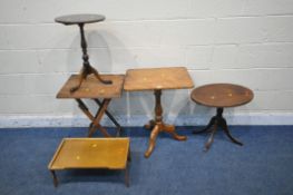 A MAHOGANY TILT TOP TRIPOD TABLE, a smaller mahogany oval tilt top table, a folding table, a folding