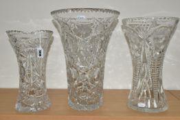 THREE LARGE CUT CRYSTAL VASES, of different designs, no noticeable maker's marks, tallest 34cm (