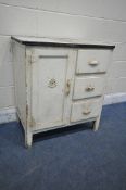A 19TH CENTURY PAINTED PINE CABINET, with a metal surface, fitted with three drawers and a single