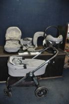 A MAMAS AND PAPAS SIGNATURE PUSH CHAIR SYSTEM with different parts for baby ages and a Cybex car