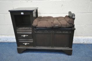 A 20TH CENTURY STAINED OAK TELEPHONE SEAT, fitted with two drawers, a hinged storage compartment,