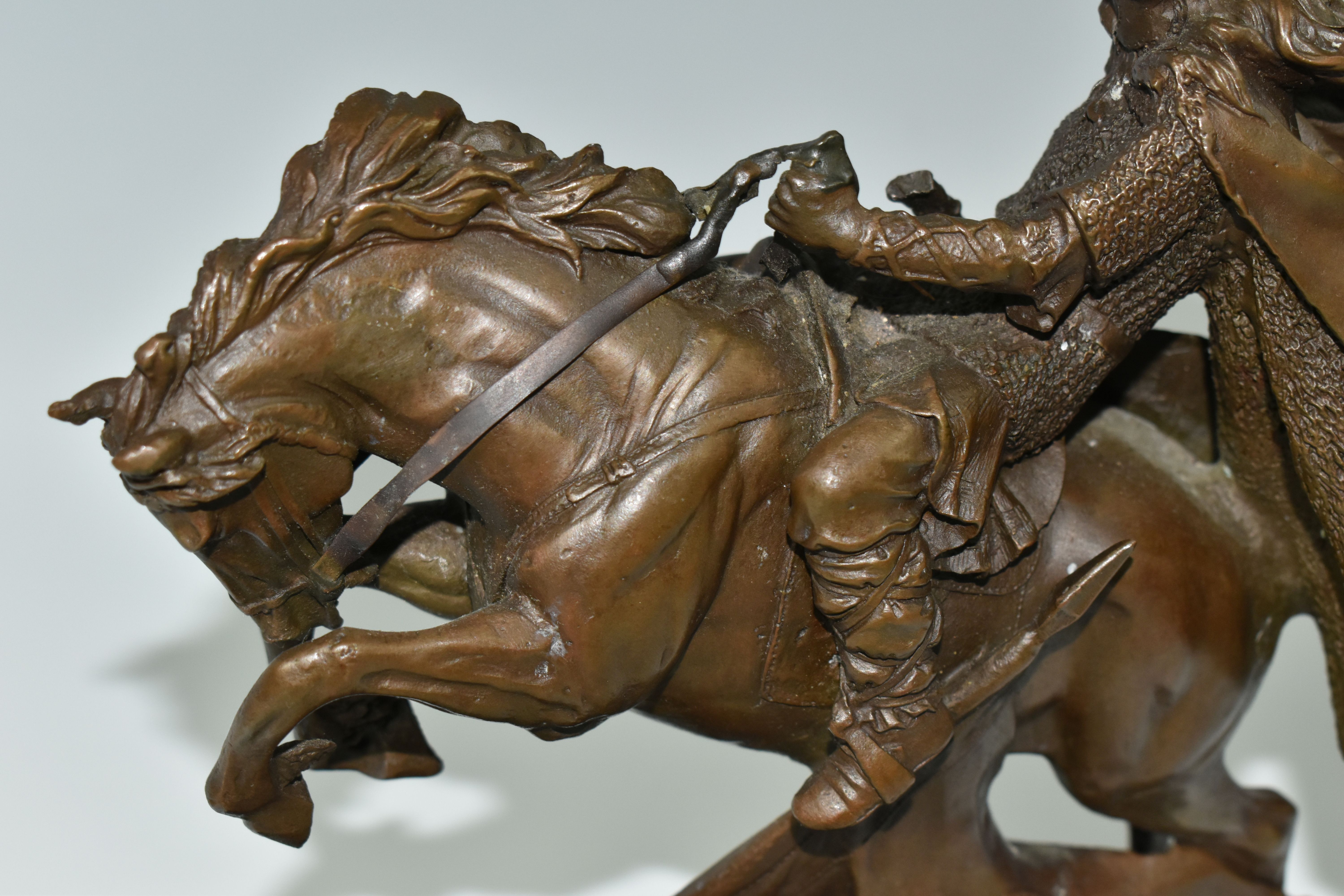 A MODERN BRONZE SCULPTURE OF A VIKING WARRIOR, depicting the warrior on horseback in battle, - Image 8 of 9