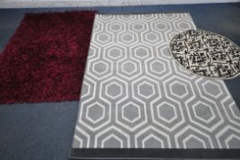 FOUR RUGS, of various shapes, sizes and patterns, large grey rug 230cm x 161cm (condition report: