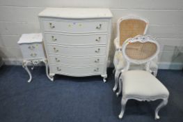 A FRENCH WHITE PAINTED SERPENTINE CHEST OF FIVE DRAWERS, on cabriole legs, width 92cm x depth 49cm x