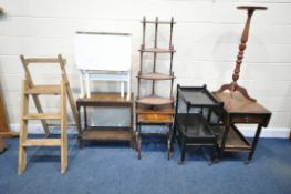 A SELECTION OF OCCSIONAL FURNITURE, to include two trolleys, a torchere stand, a four tier corner