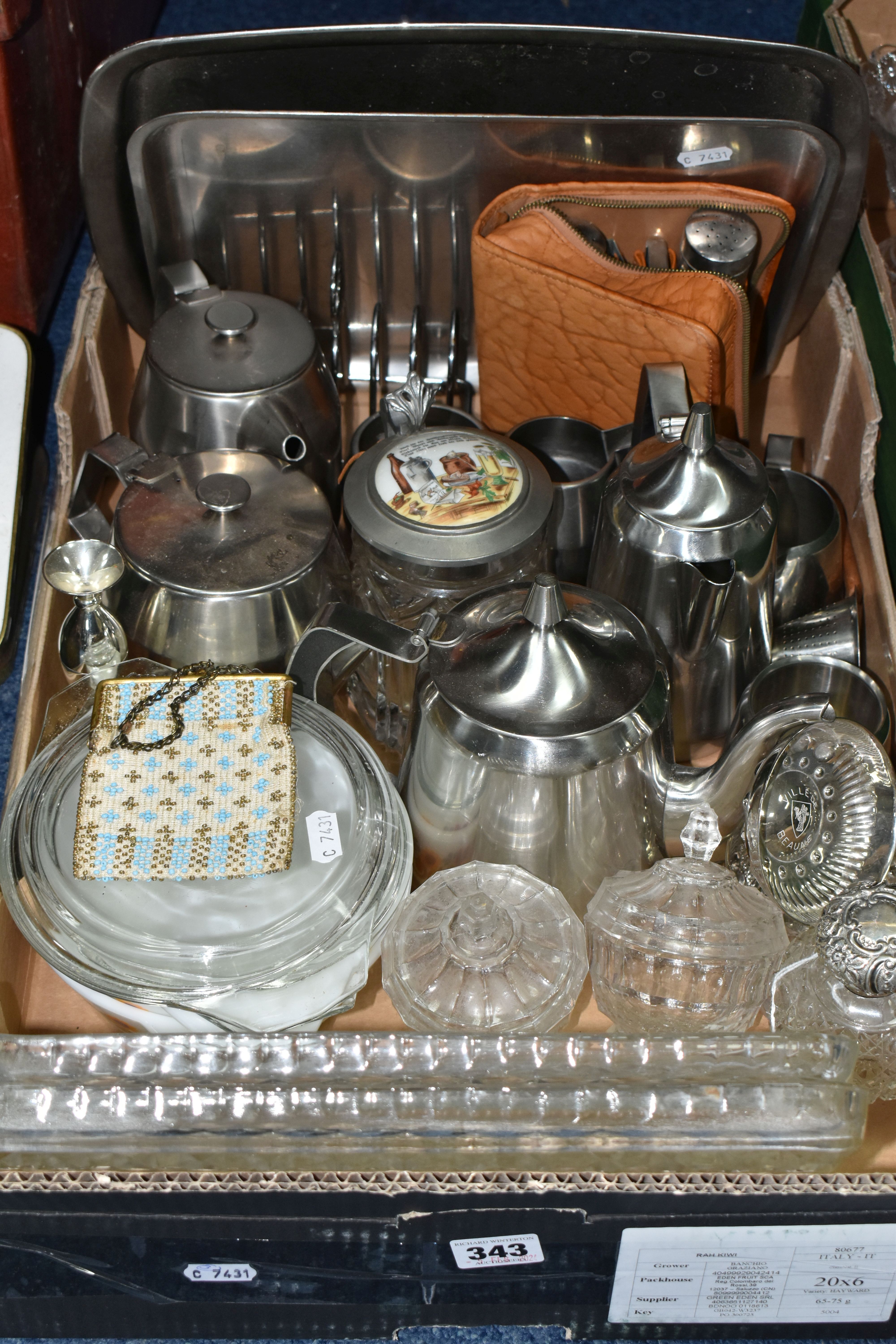 A BOX OF GLASS AND METALWARES, to include a glass inkwell with silver cover and mount, indistinct