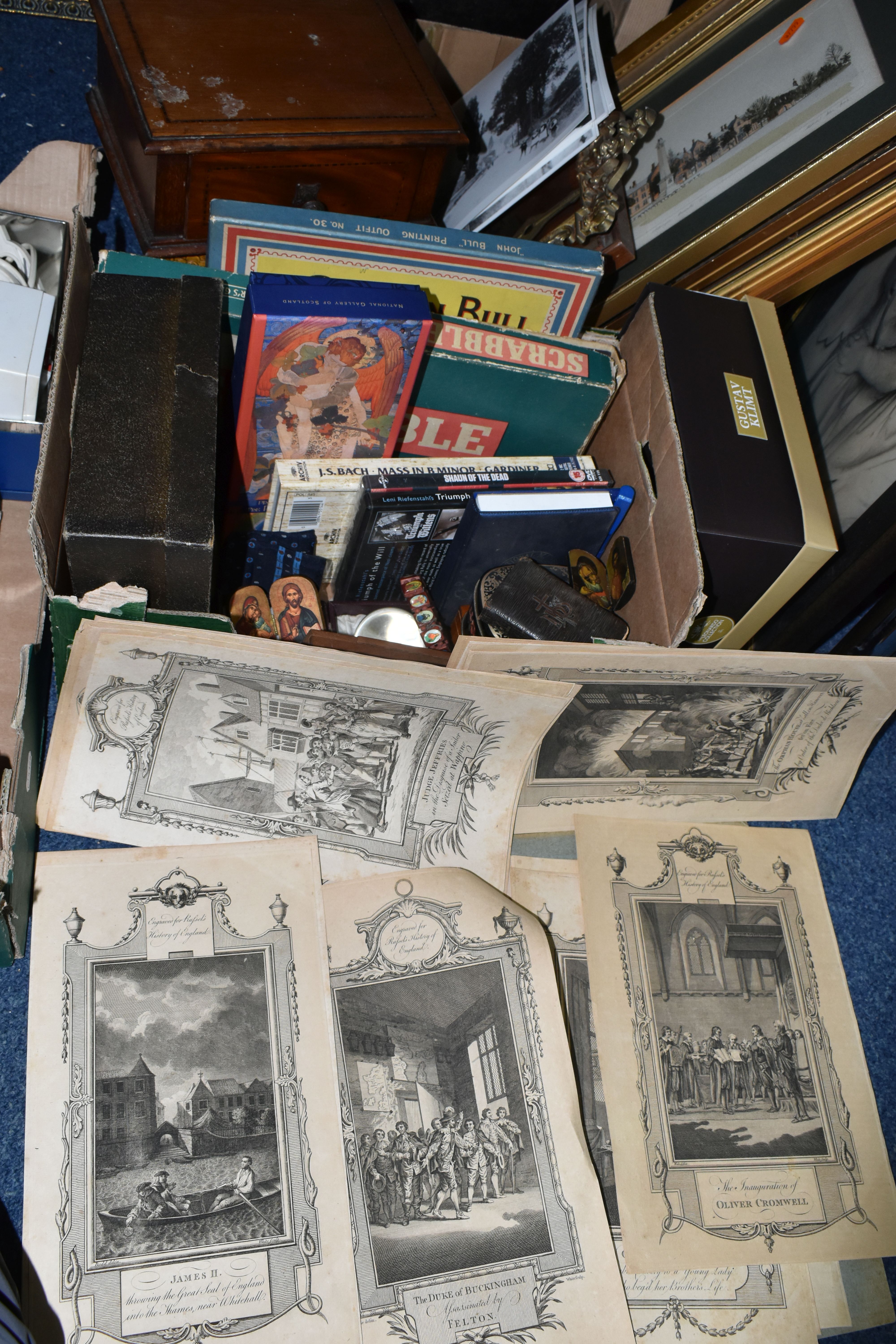 TWO BOXES AND LOOSE PICTURES AND SUNDRY ITEMS, to include a boxed Roulette game, a small cased