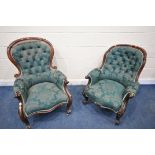 TWO 19TH CENTURY ARMCHAIRS, with arched button back, swept armrests, on front cabriole legs (