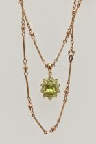 A 9CT GOLD GEM CLUSTER PENDANT WITH CHAIN, the pendant designed as a central oval green gem,