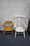 A WHITE PAINTED FARMHOUSE ARMCHAIR, with swept armrests, along with a beech framed bow back