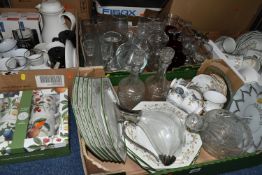 FIVE BOXES AND LOOSE CERAMICS, GLASS AND KITCHEN WARES, to include a quantity of Johnson Bros