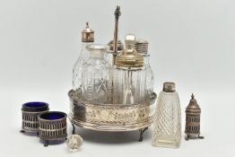 TWO CRUET SETS, the first a non-matching set, with wooden based tray and silver edge, hallmark