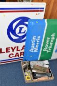 TWO WALL MOUNTED PLASTIC GARAGE SIGNS, Leyland Cars and Austin Morris, Rover, Triumph, both c.1970'