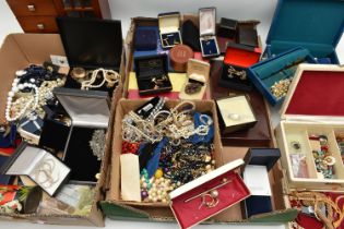 TWO BOXES OF ASSORTED COSTUME JEWELLERY AND ITEMS, to include various beaded necklaces, imitation