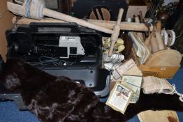 THREE BOXES AND LOOSE VINTAGE ELECTRONICS, TREEN, FUR STOLE AND SUNDRY ITEMS, to include a cased