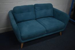 A JOHN LEWIS ARLO TEAL UPHOLSTERED SMALL TWO SEATER SOFA, on beech legs, length 154cm (condition